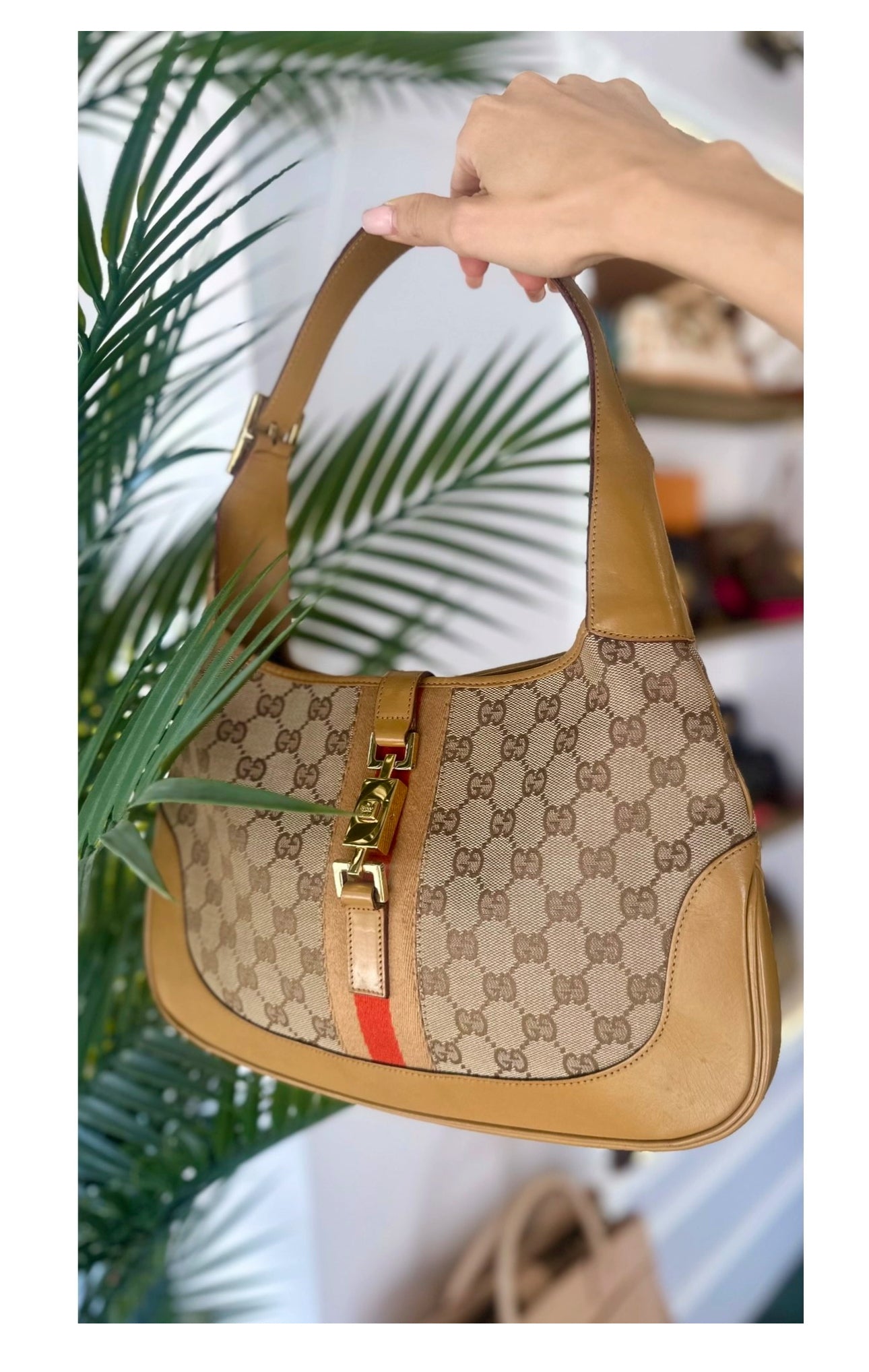 Gucci Jackie 1961 GG Monogram Canvas & Leather Medium Shoulder Bag /handbag Beige