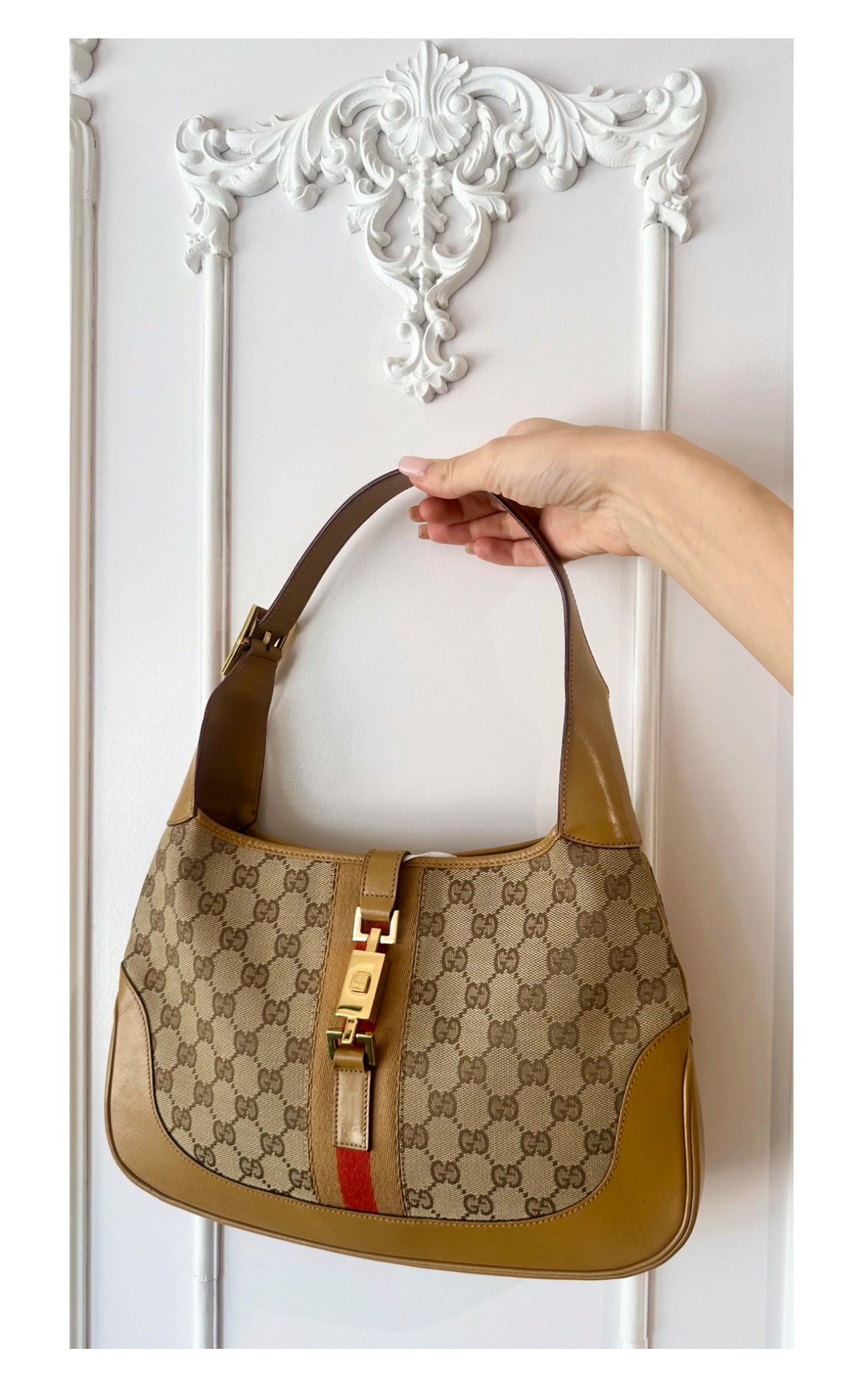 Gucci Jackie 1961 GG Monogram Canvas & Leather Medium Shoulder Bag /handbag Beige