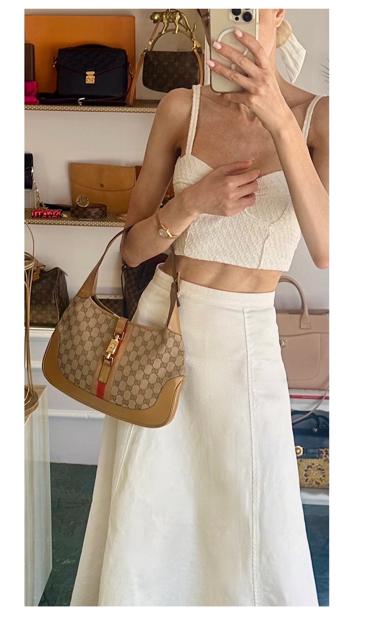 Gucci Jackie 1961 GG Monogram Canvas & Leather Medium Shoulder Bag /handbag Beige