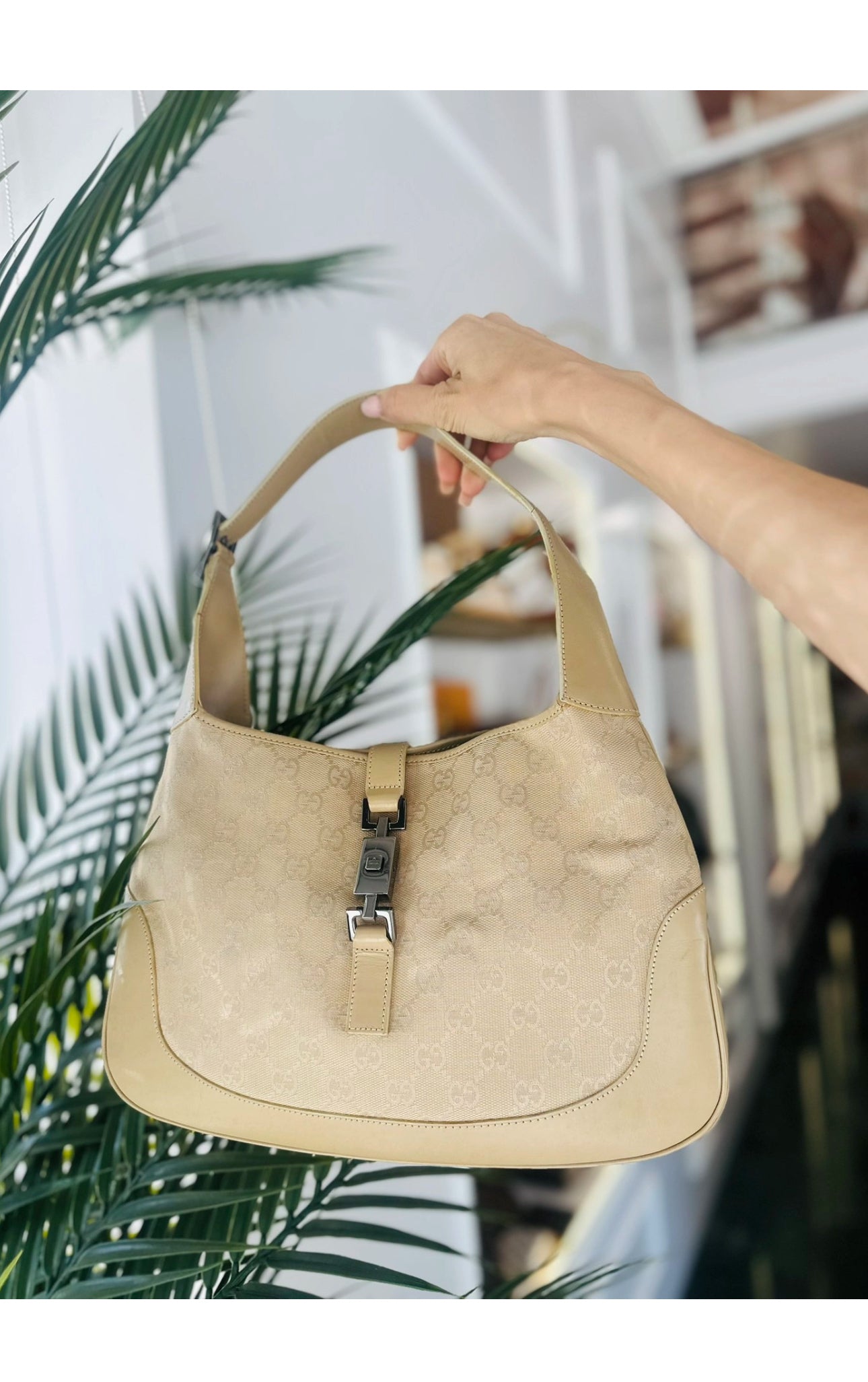 GUCCI GG Canvas Jackie Shoulder Bag Beige