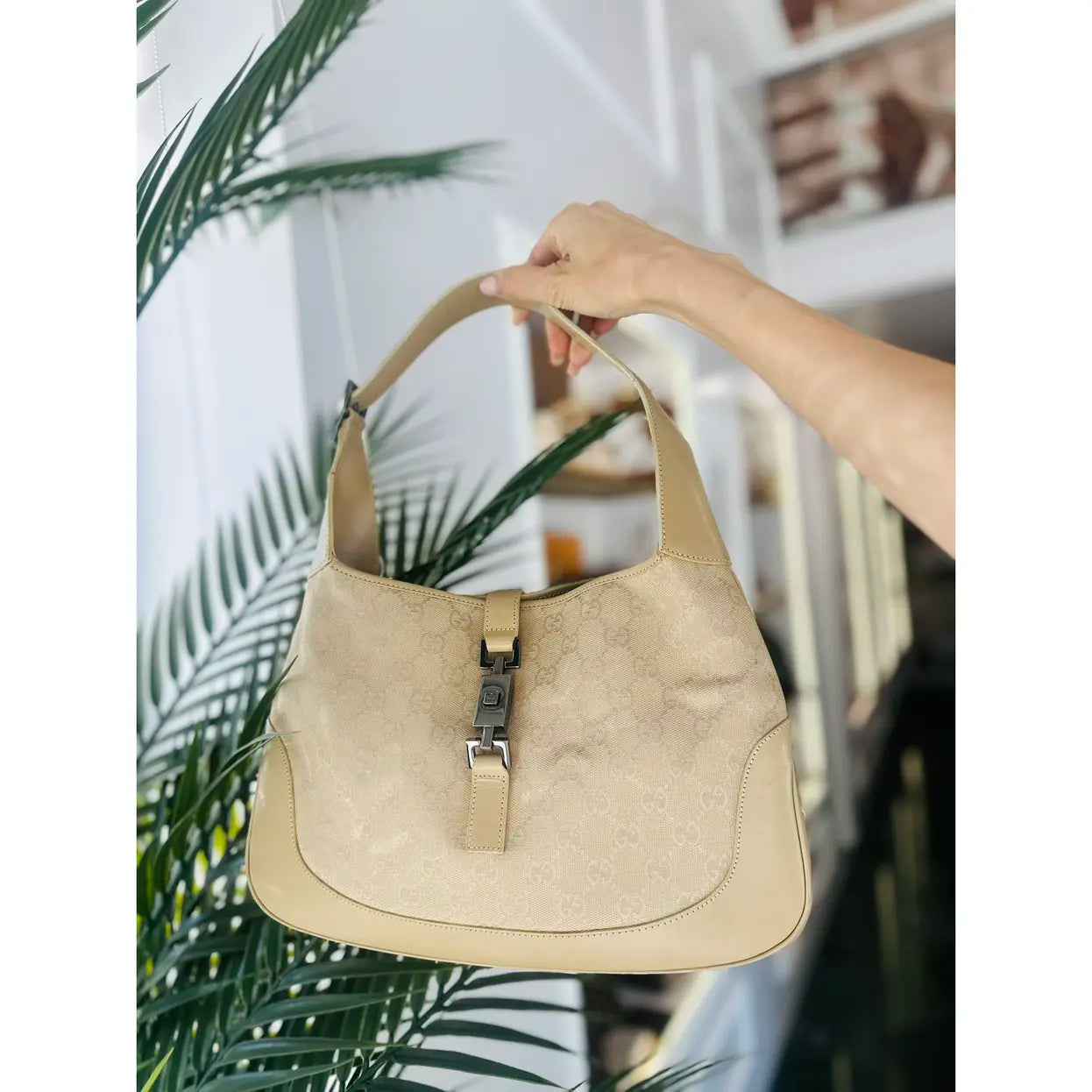 GUCCI GG Canvas Jackie Shoulder Bag Beige